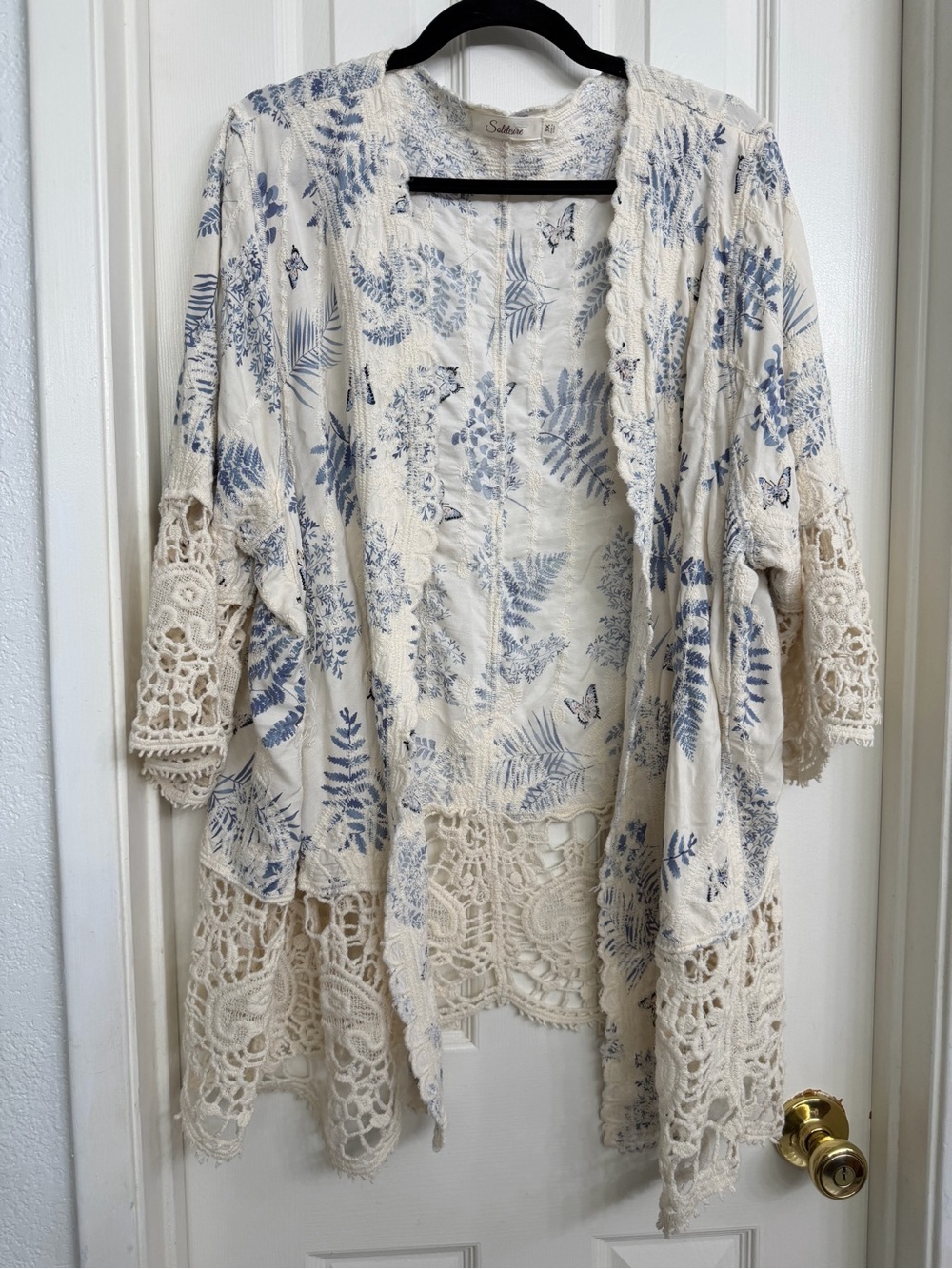 7171 Solitaire Swim Cover Up Kimono Botanical Print Crochet Trim Plus 3X